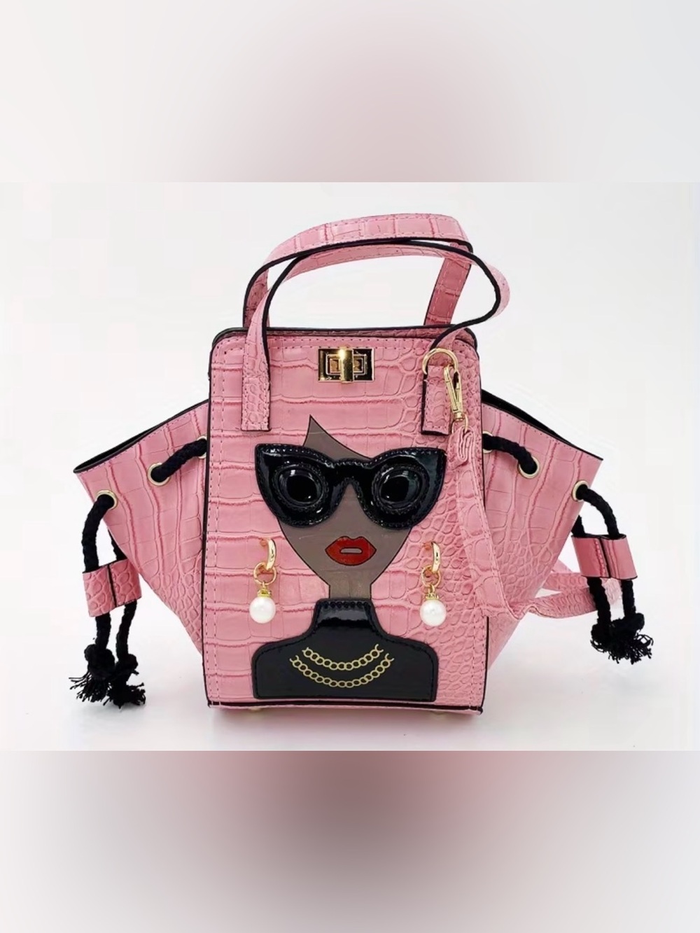Pink Croc-Embossed Satchel with Fashion Face Applique